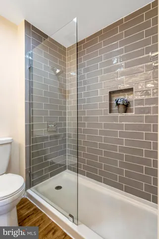a bathroom with a shower and a toilet