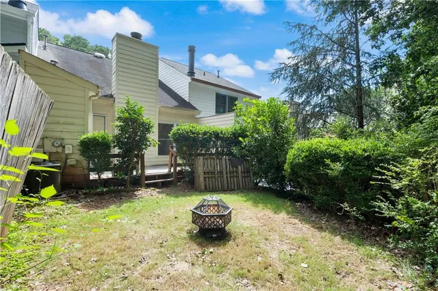 a garden view with a seating space