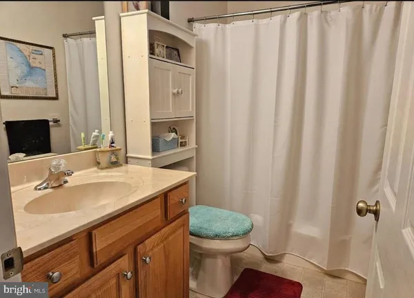 a bathroom with a sink a toilet and shower curtain