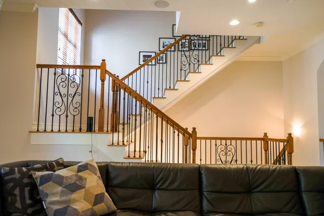 a view of a balcony with furniture