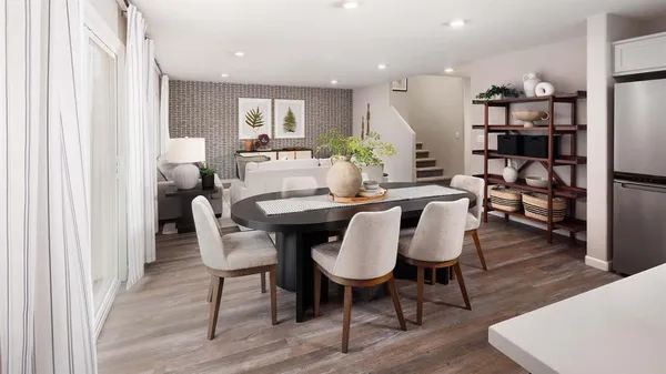 a view of a dining room with furniture