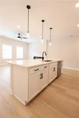 a kitchen with a sink and cabinets