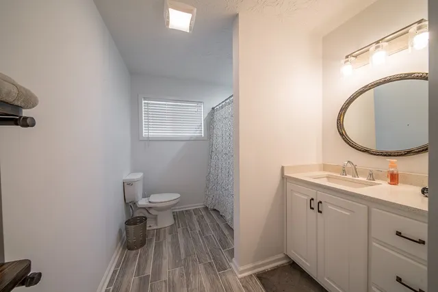 a bathroom with a toilet a sink and mirror