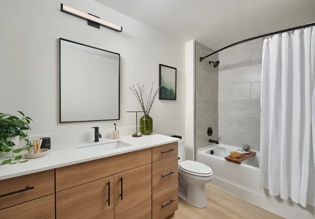 a bathroom with a double vanity sink toilet mirror and shower