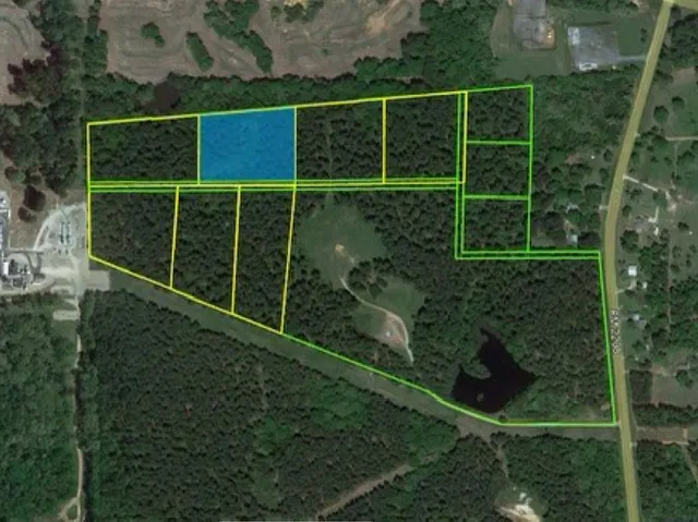 an aerial view of residential houses with outdoor space and trees all around