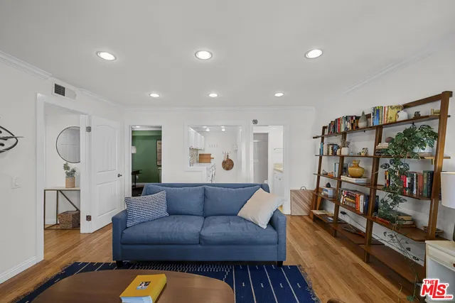 a living room with furniture a ceiling fan and a rug