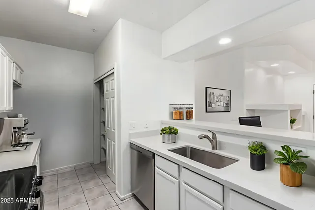 a kitchen with sink cabinets and potted plant