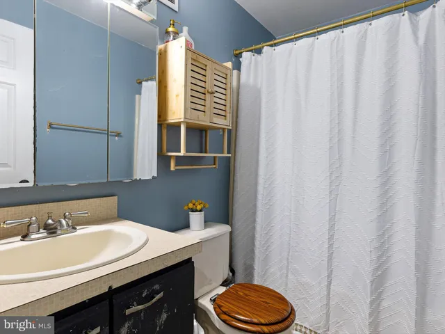 a bathroom with a sink a toilet and shower curtain