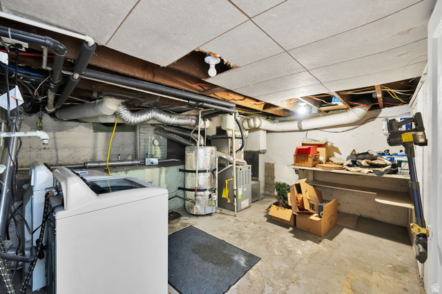 446 South 300 East Provo, UT 84606 - Photo 31 of 32 Utility area featuring concrete flooring, exposed overhead piping, and a built-in workbench