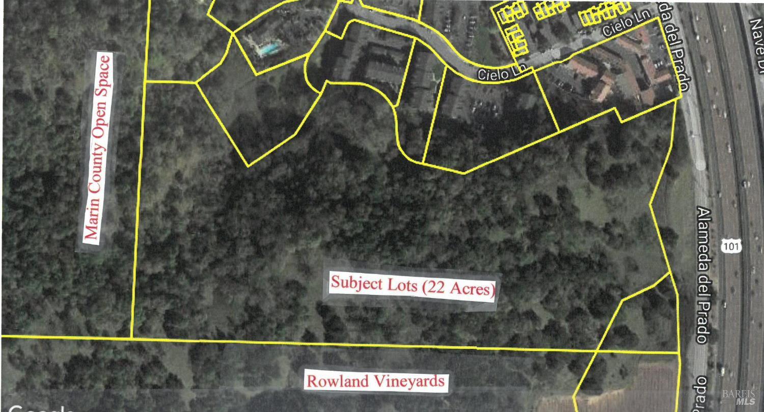 0 Alameda Del Prado Novato, CA 94949 - Photo 3 of 29 Aerial View of 2 existing lots. To view park along Alameda Del Prado along property frontage just north of the Pacheco Ranch Vineyard property and follow site map at property. Upper portion of property is adjacent to Marin County Open Space land plus a number of additional public and private Open Space Preserves.