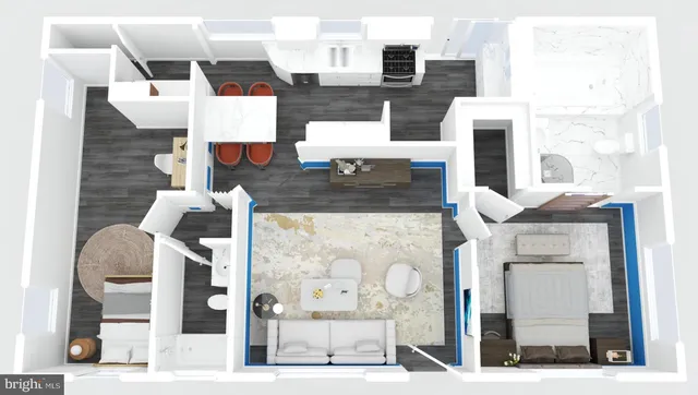 a bathroom with a granite countertop sink a mirror and shower