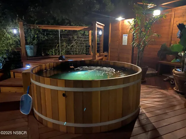 a table and chairs in a patio