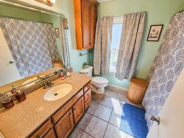 a bathroom with a sink a toilet and shower curtain