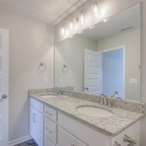 a bathroom with a granite countertop double vanity sink and a mirror