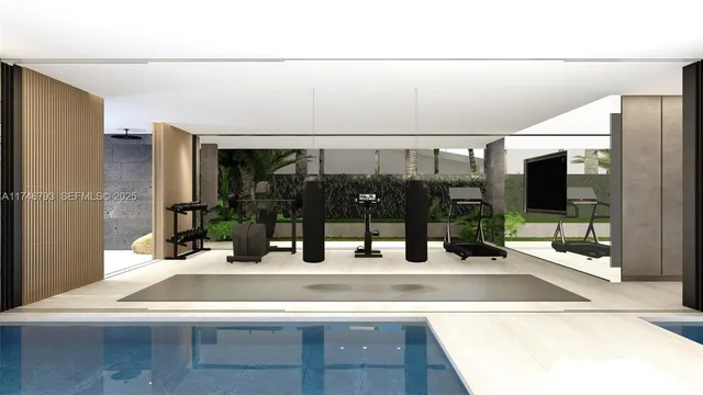 a view of swimming pool with outdoor seating and plants