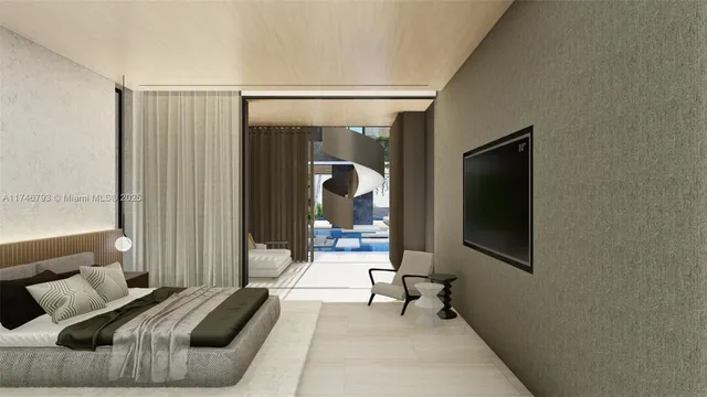 a view of a white house with a chairs in patio