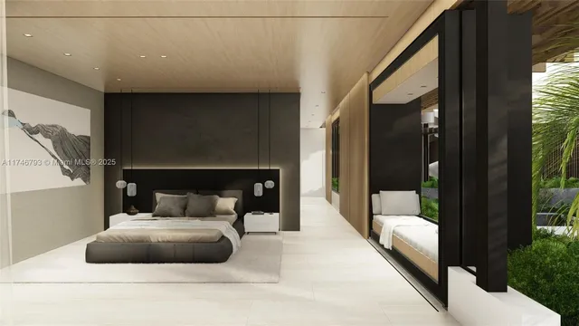 an aerial view of a house with a garden