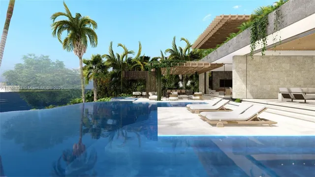 a swimming pool with outdoor seating and plants