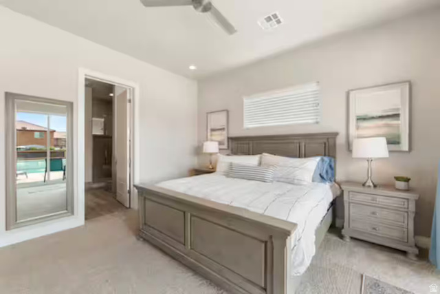 2600 Ocotillo Way, Unit 56 Santa Clara, UT 84765 - Photo 11 of 33 Bedroom with light carpet, ensuite bath, a ceiling fan, and recessed lighting