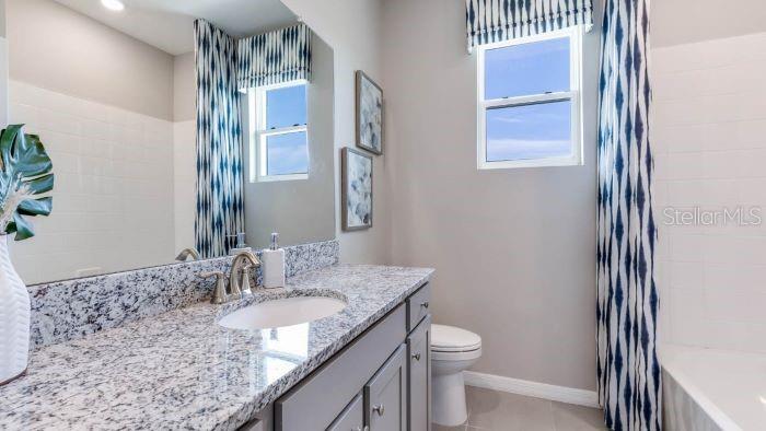 18391 Tavernside Trail Lakewood Ranch, FL 34211 - Photo 9 of 41 a bathroom with a granite countertop sink toilet and shower curtains