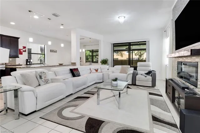 a living room with fireplace furniture and a flat screen tv