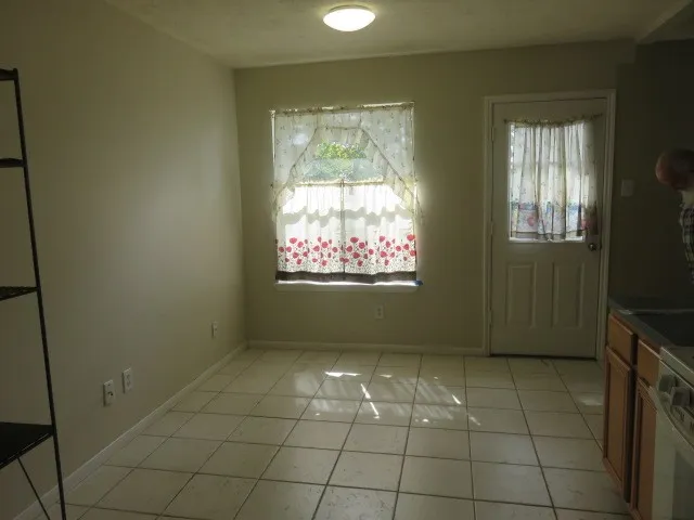 a view of a backyard with large trees and wooden fence