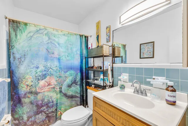 a bathroom with a sink mirror vanity and toilet