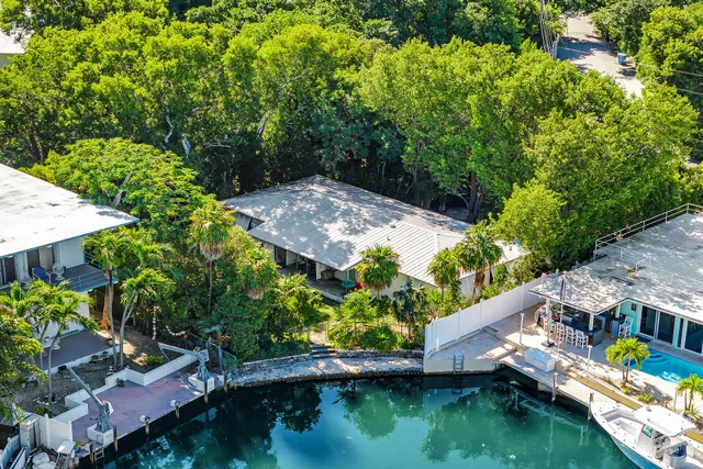 an aerial view of a house with a garden and swimming pool