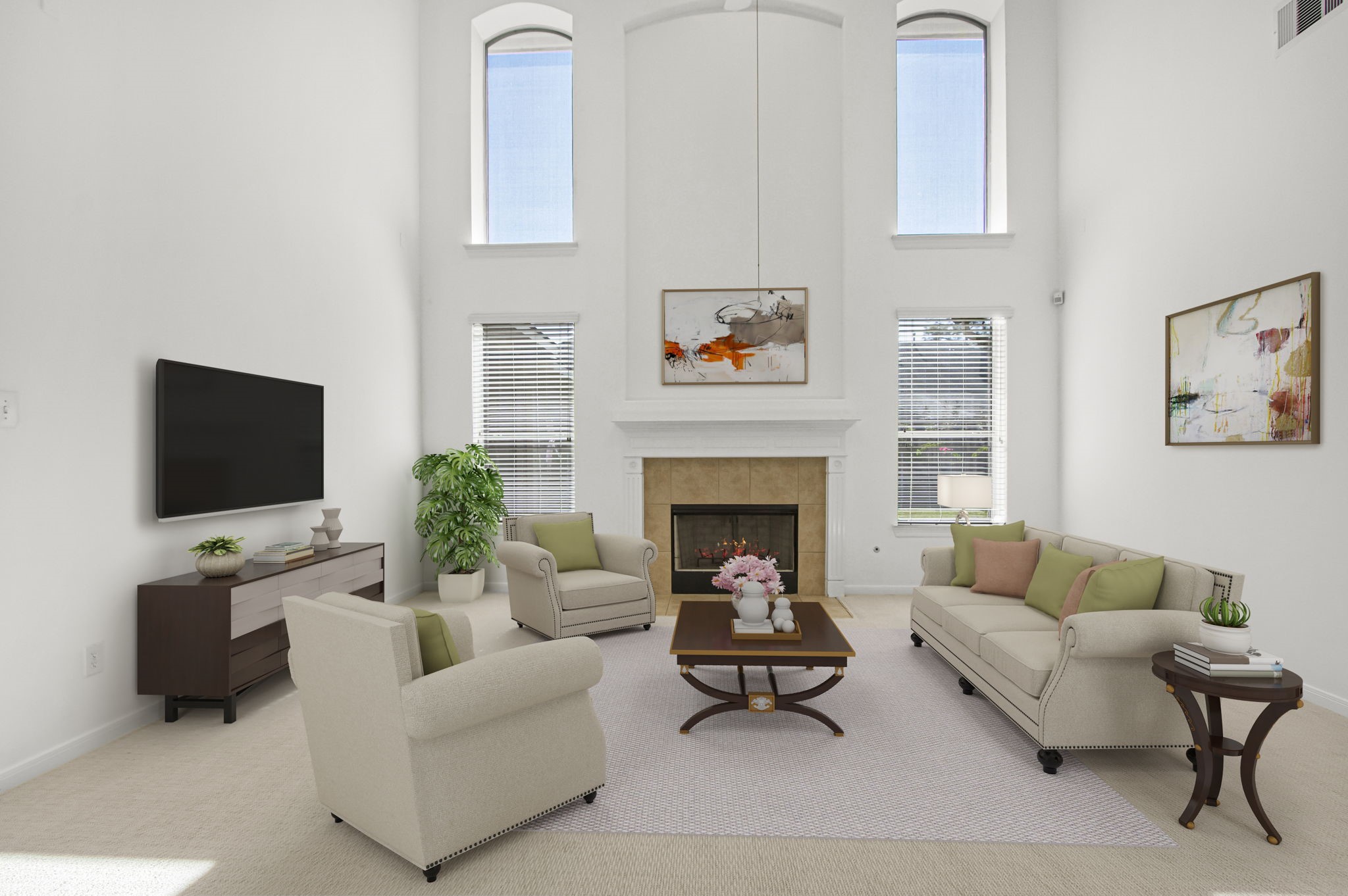 6731 Pinetop Glen Lane Spring, TX 77379 - Photo 11 of 47 a living room with furniture a fireplace and a flat screen tv