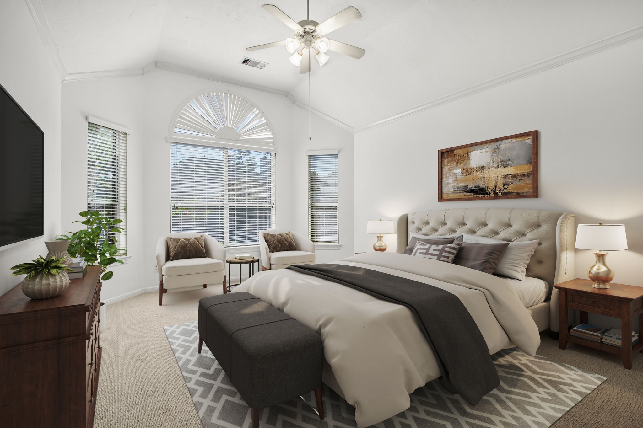 6731 Pinetop Glen Lane Spring, TX 77379 - Photo 23 of 47 a bedroom with a large bed and a chandelier