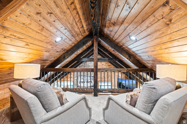 2031 South Quakie Road Koosharem, UT 84744 - Photo 31 of 33 Vaulted wood plank ceilings with exposed beams, recessed lighting, and a wrought iron railing