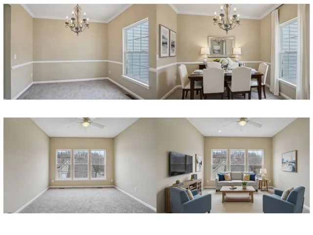 a view of a living room and dining room