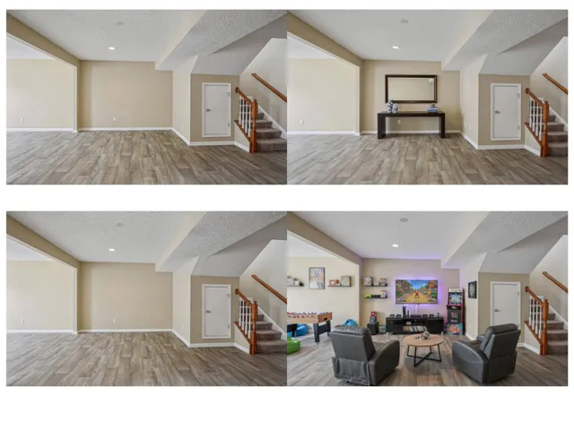 a view of living room with furniture and a view of kitchen