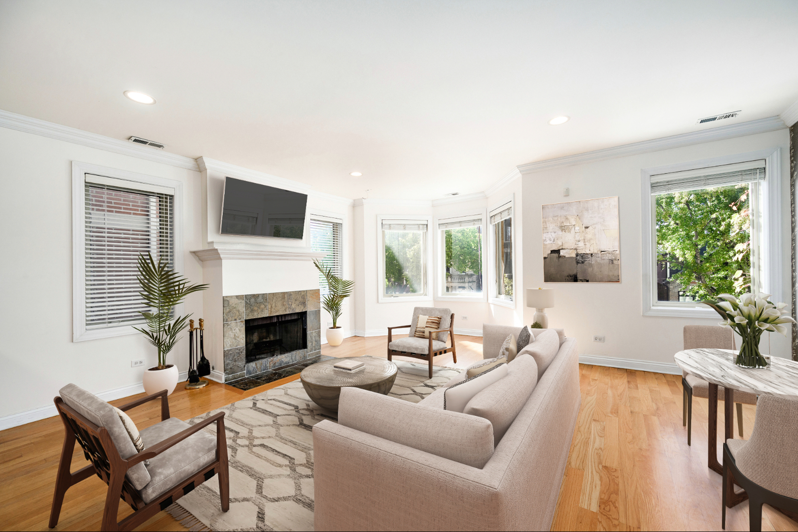 1533 North Campbell Avenue, Unit 2 Chicago, IL 60622 - Photo 2 of 14 a living room with furniture a fireplace and a flat screen tv