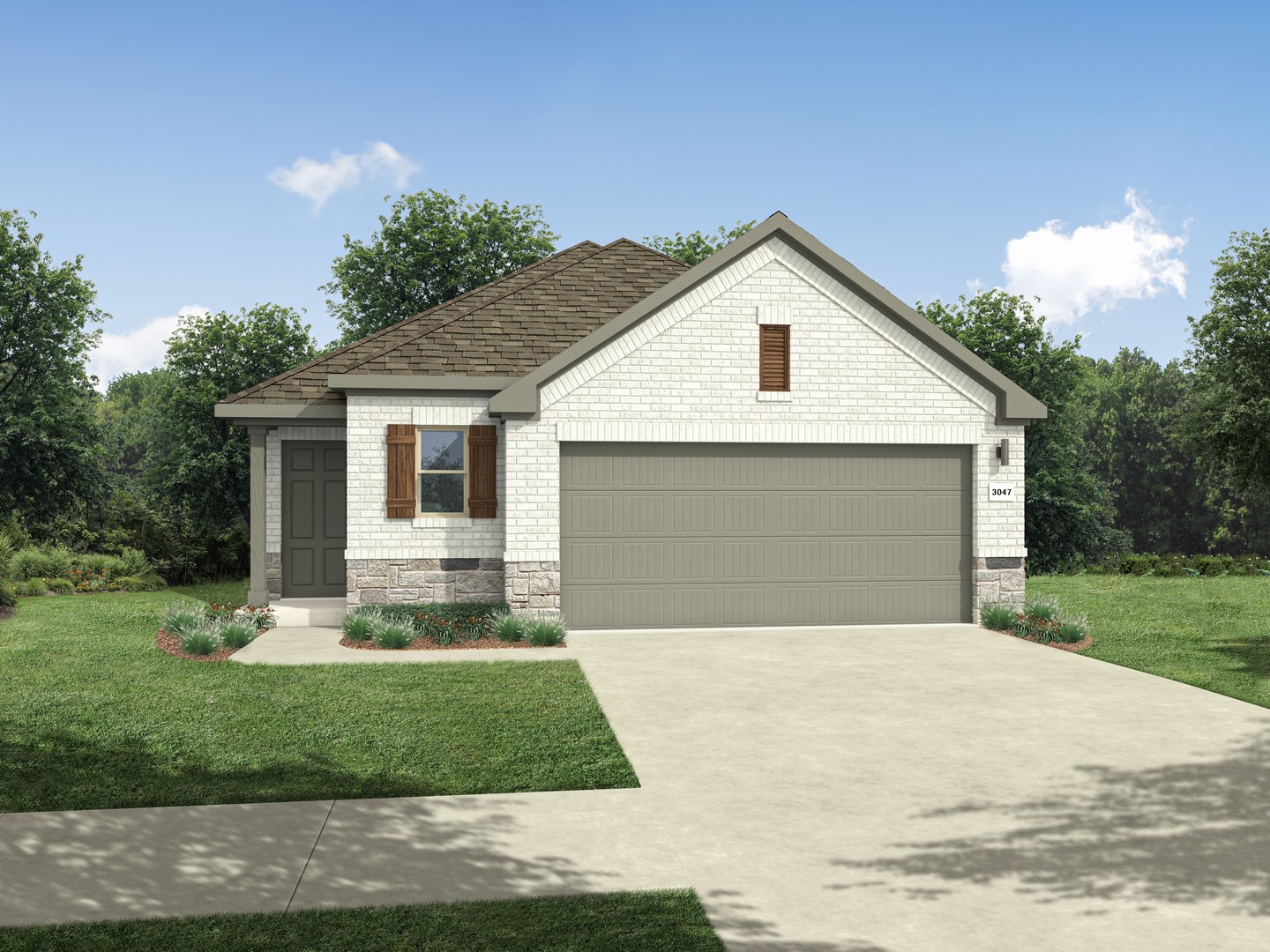 a front view of house with yard and garage