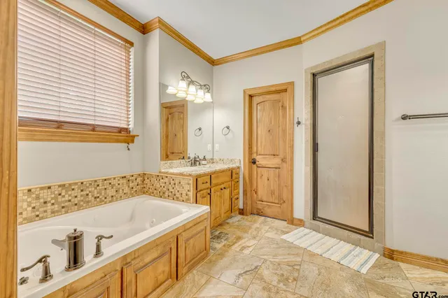 a bathroom with a granite countertop sink a mirror and a shower