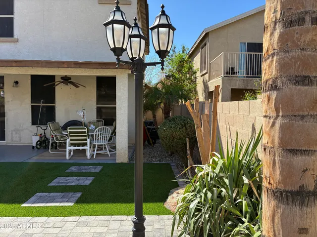 a garden view with a seating space