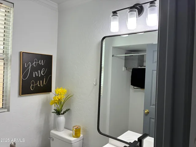 a bathroom with a sink toilet and mirror