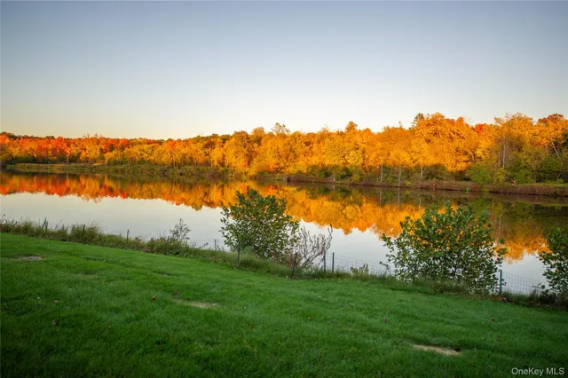 a view of a lake with a yard