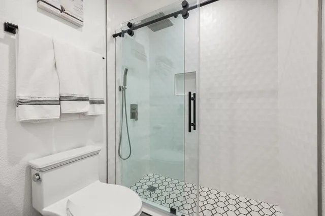 a bathroom with a shower and a toilet