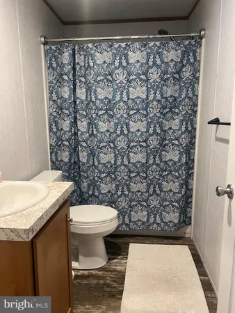 a bathroom with a granite countertop sink and a toilet