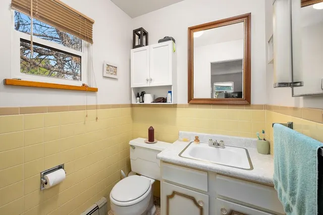 a bathroom with a sink a toilet and a mirror
