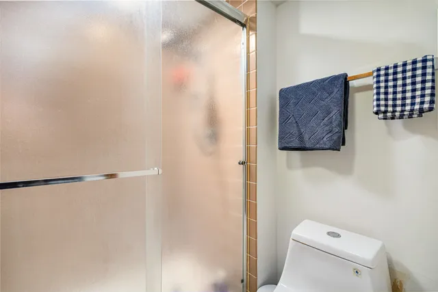 a bathroom with a toilet and a shower