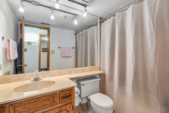 a bathroom with a sink a toilet a mirror and shower curtain