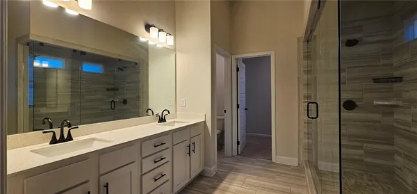 a bathroom with a double vanity sink mirror and shower
