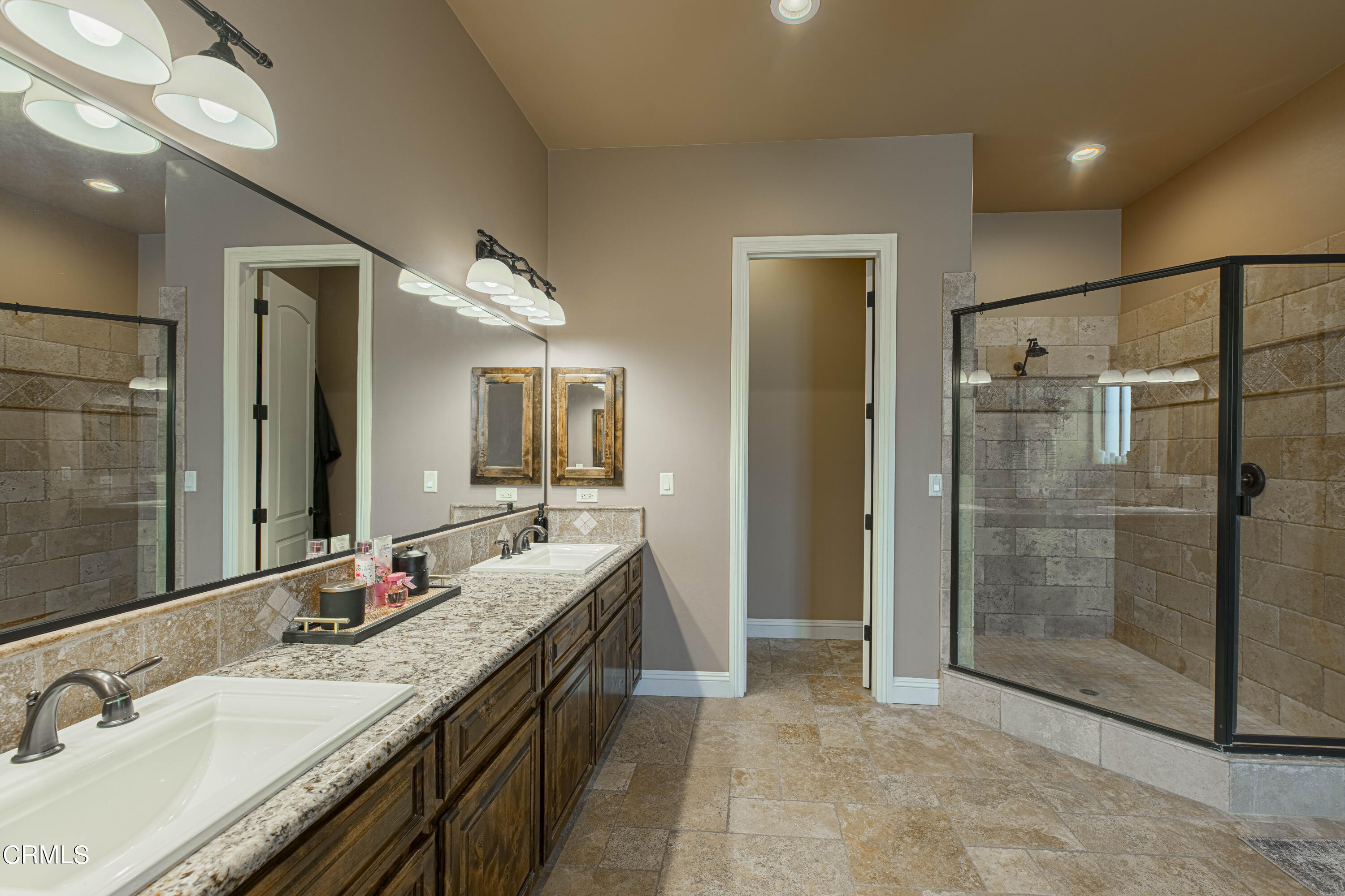 15023 Redwood Pass Drive Bakersfield, CA 93314 - Photo 28 of 67 a bathroom with a granite countertop sink mirror and double