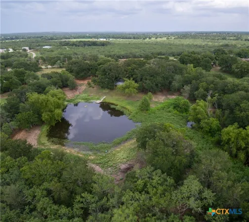 an aerial view of residential houses with outdoor space and trees