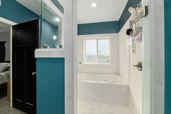 a bathroom with a bathtub and a shower