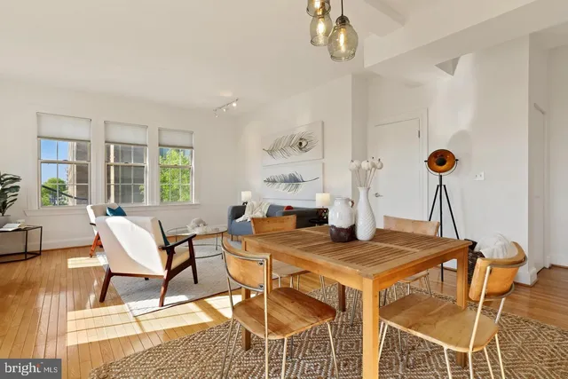 a view of a dining room with furniture
