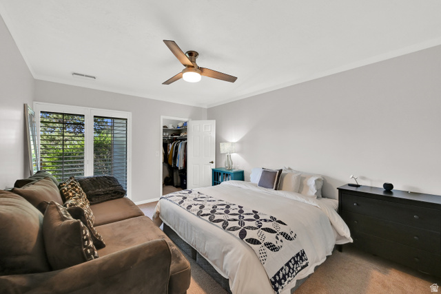 2314 Ridgewood Way Bountiful, UT 84010 - Photo 19 of 26 Recessed lighting, ceiling fan with integrated light, built-in closet with shelving, and window with louvered shutters